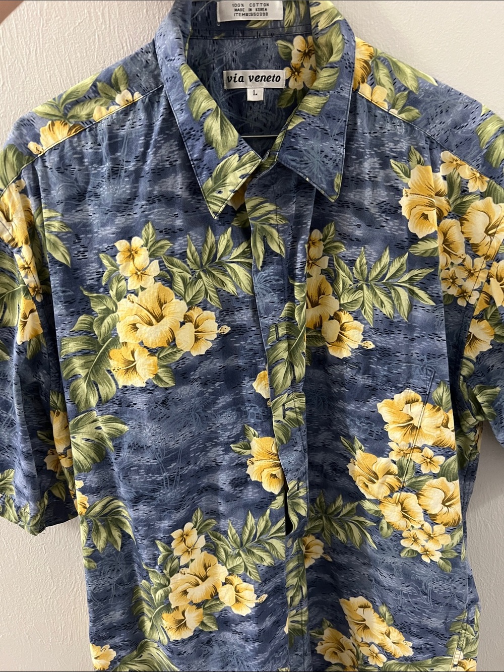 Via Veneto Blue Hawaiian Button-Down Shirt with Yellow Floral Print